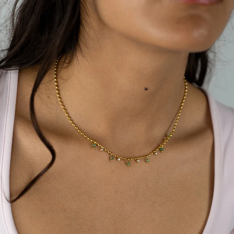 Green Beads & Gem Chain Necklace