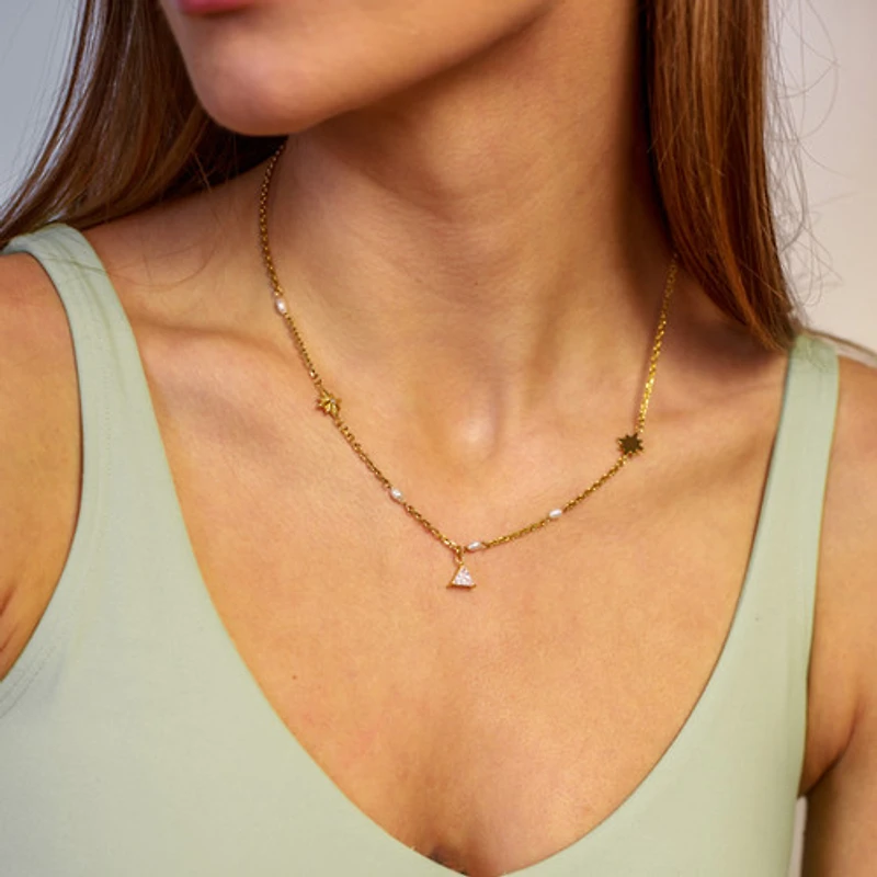 Triangle Gem Pearl Necklace
