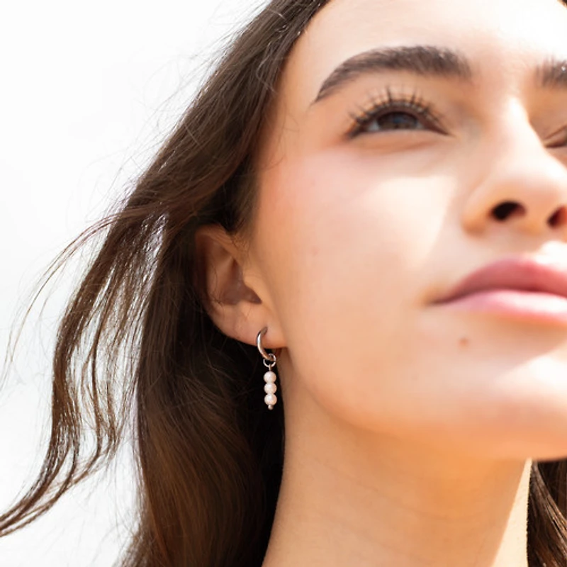 Steel Pearl Charm Hoops