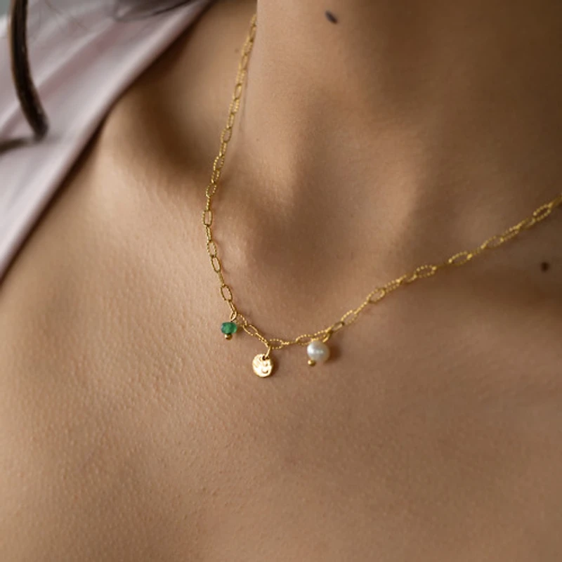 Gold Tri Pendant Tamped Paperclip Necklace