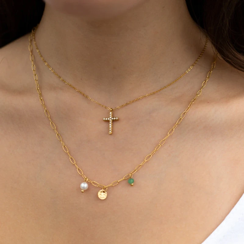 Gold Tri Pendant Tamped Paperclip Necklace