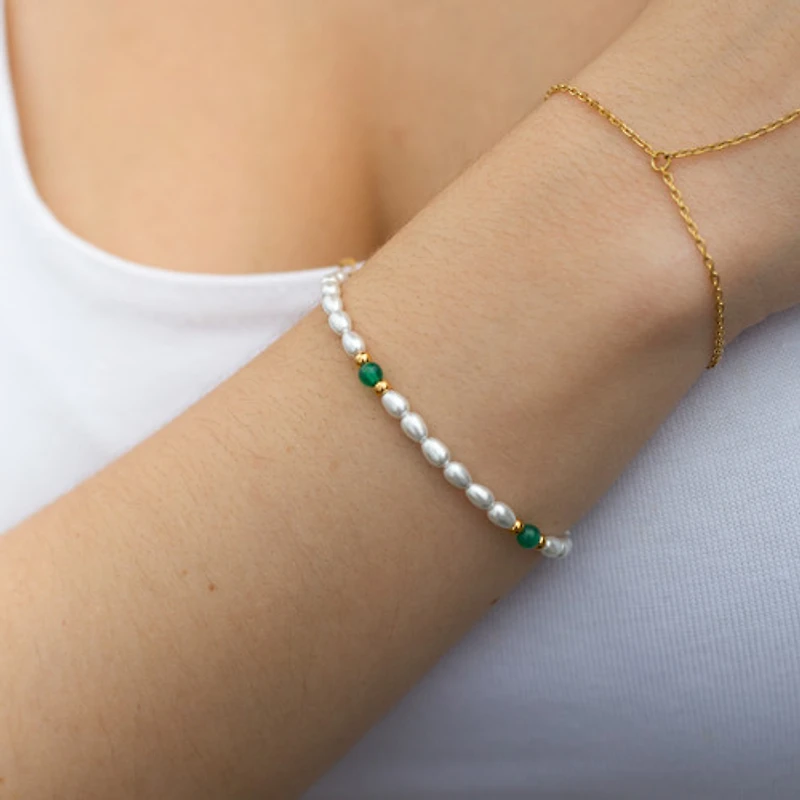 Green Agate Pearl Chain Bracelet