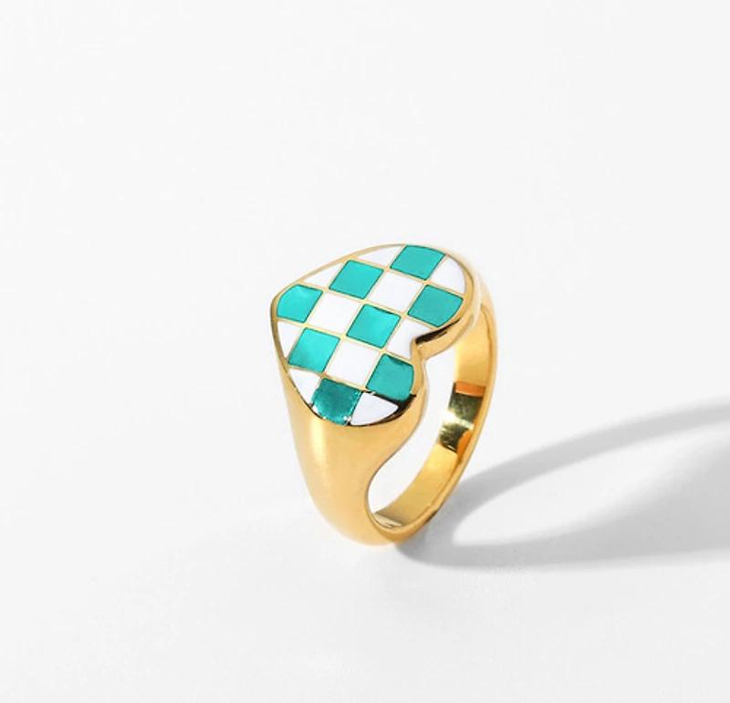 Black and White Checkered Heart Ring