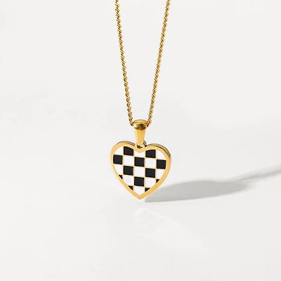 Black and White Checkered Heart Necklace