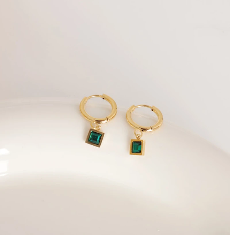 Emerald Cubic Drop Gem Hoops