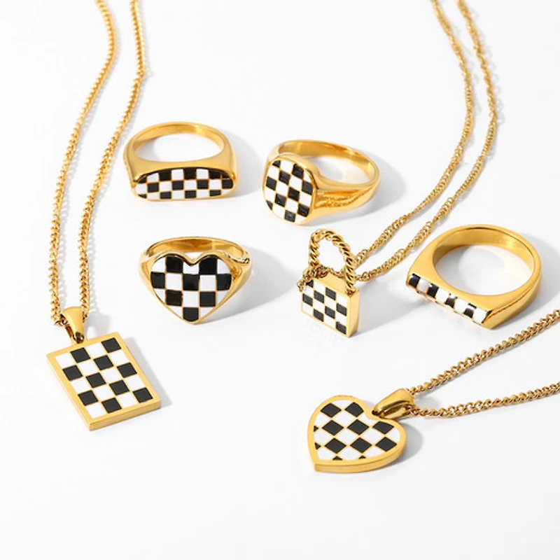 Black and White Checkered Heart Ring