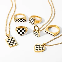 Black and White Checkered Heart Ring