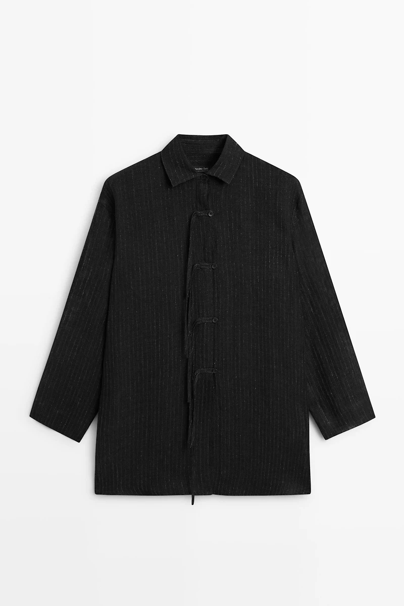 Striped linen blend oversize blouse with button detail