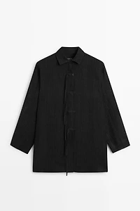Striped linen blend oversize blouse with button detail