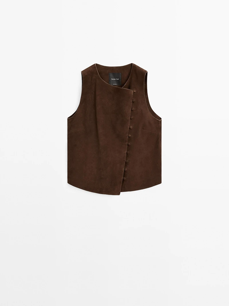 Short suede leather waistcoat with buttons