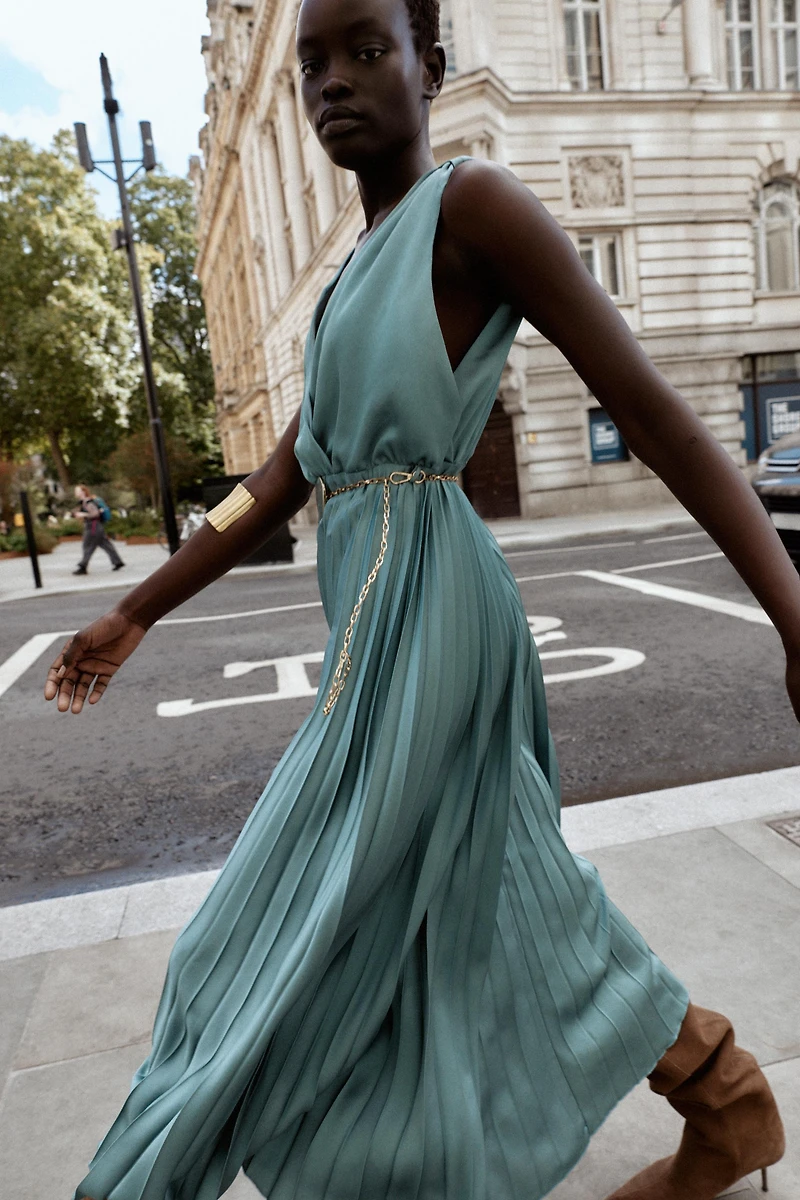 BELTED PLEATED MIDI DRESS