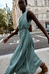 BELTED PLEATED MIDI DRESS