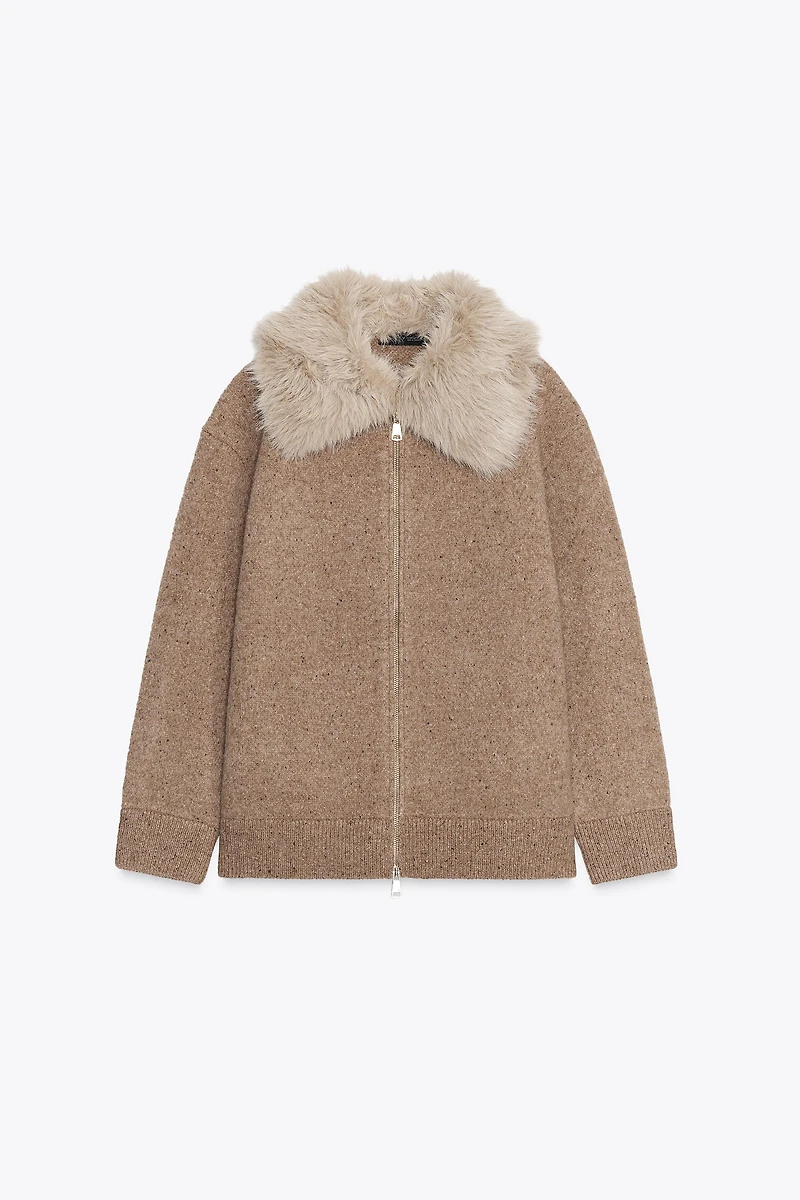 100% WOOL FAUX FUR LAPEL JACKET