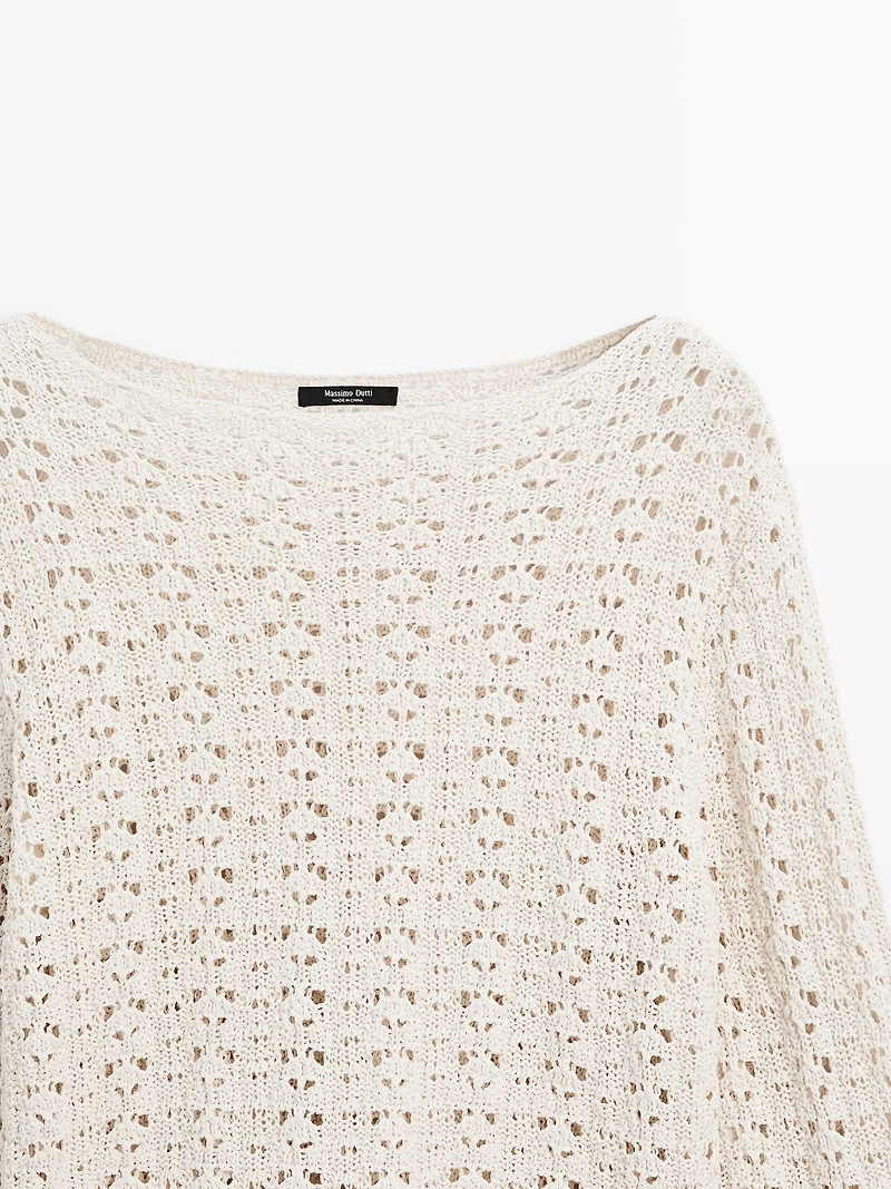Cotton blend openwork crochet sweater