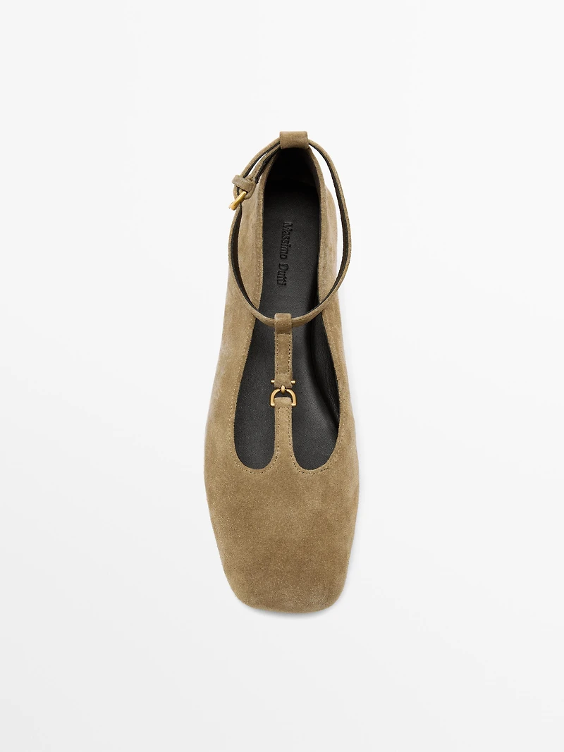 Split suede ballet flats with instep strap
