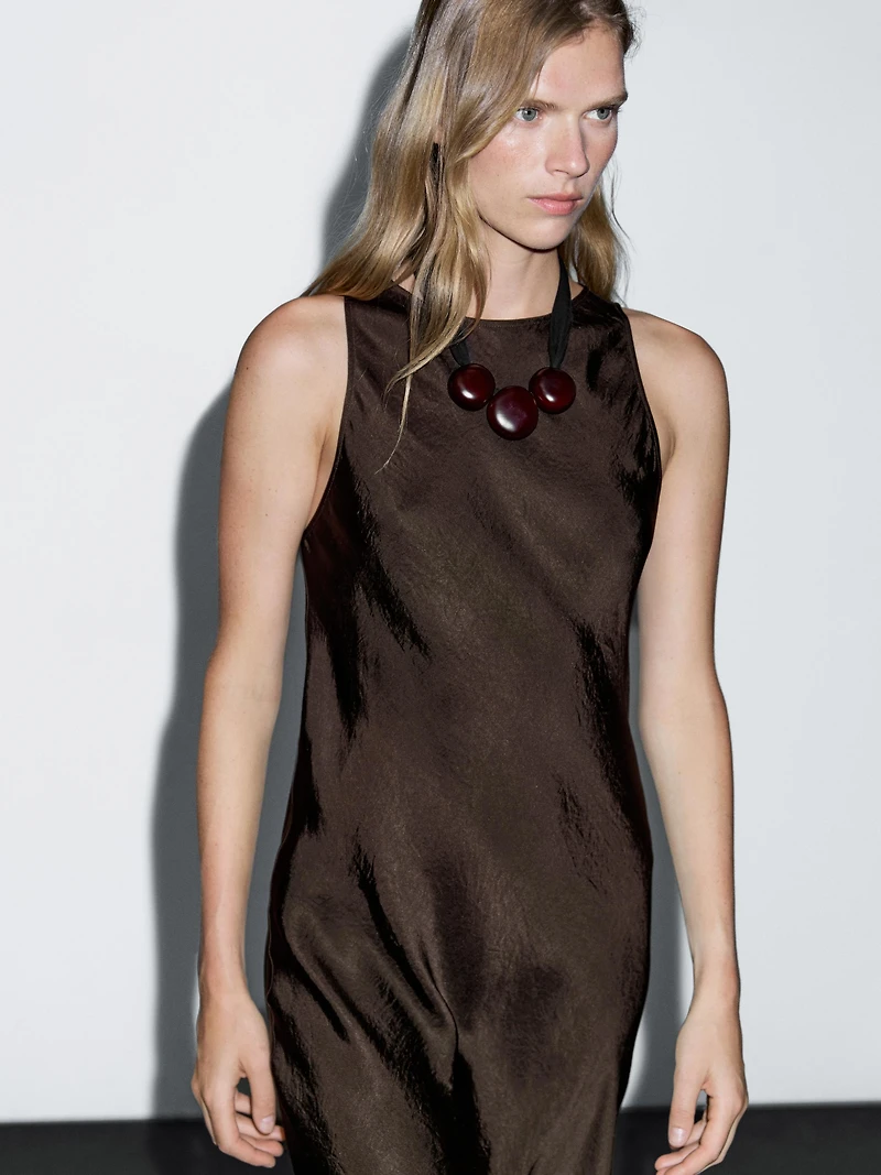 Long satin halter neck dress