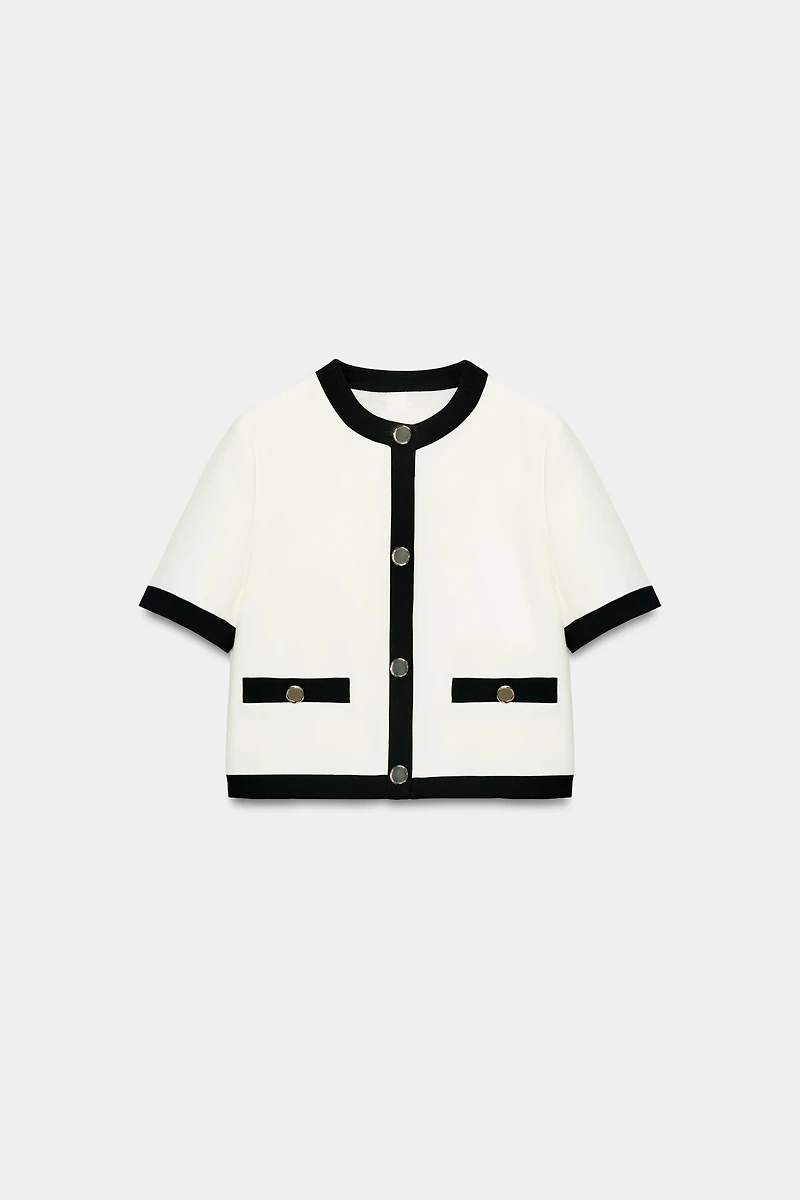 SHORT SLEEVE BLAZER WITH CONTRASTING PIPING