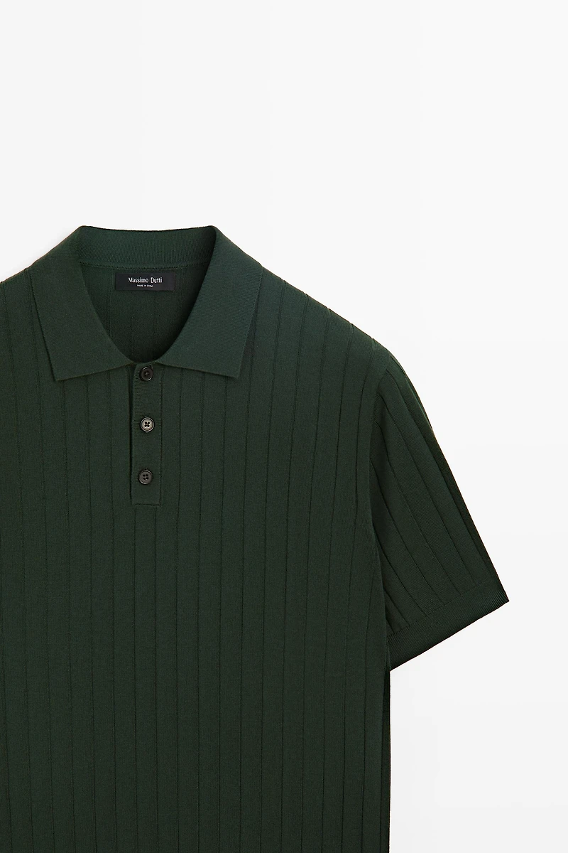 Ribbed knit cotton blend polo shirt