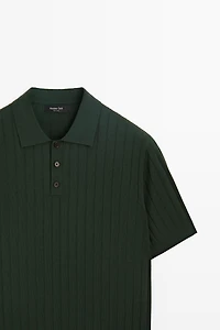 Ribbed knit cotton blend polo shirt