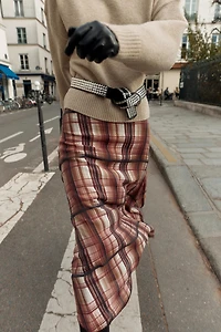 PLAID WRINKLED EFFECT MIDI SKIRT