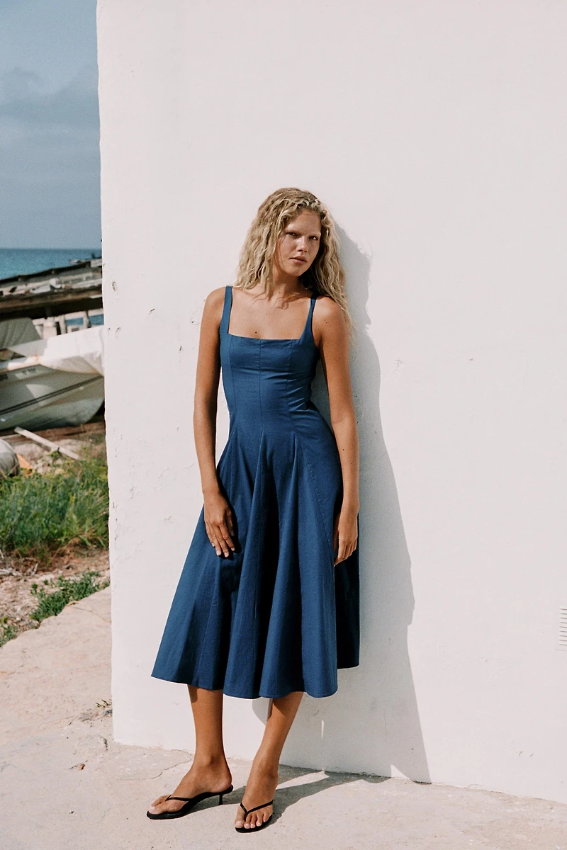 POPLIN GODET MIDI DRESS