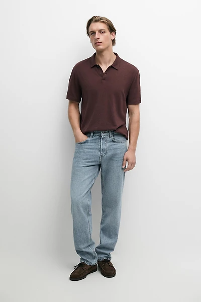 Linen and cotton short sleeve polo shirt