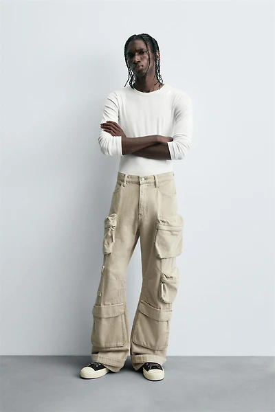 DENIM CARGO PANTS WITH POCKETS