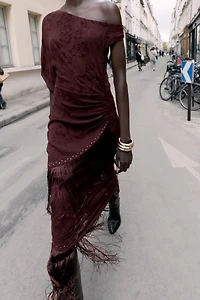 DEVORÉ FRINGED ASYMMETRIC MIDI DRESS