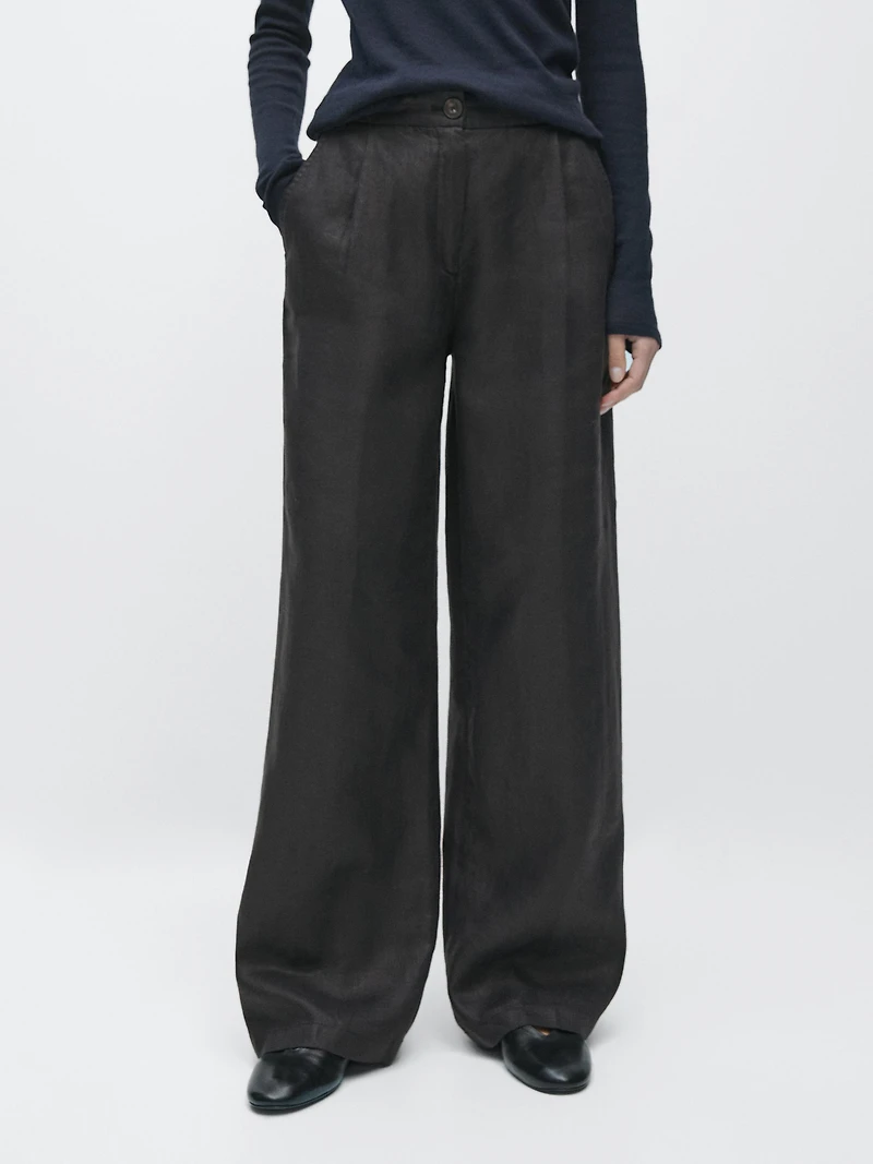 100% linen wide-leg elasticated trousers