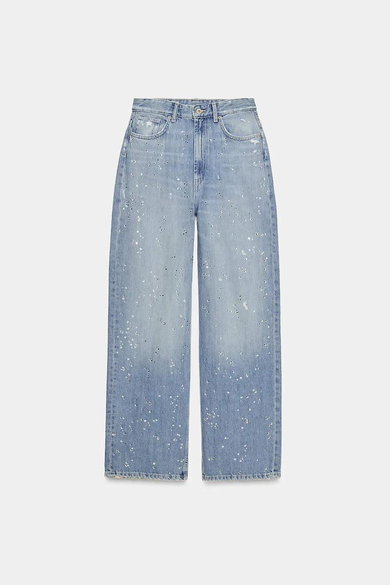 TRF HIGH-WAISTED STRAIGHT-LEG RHINESTONE JEANS