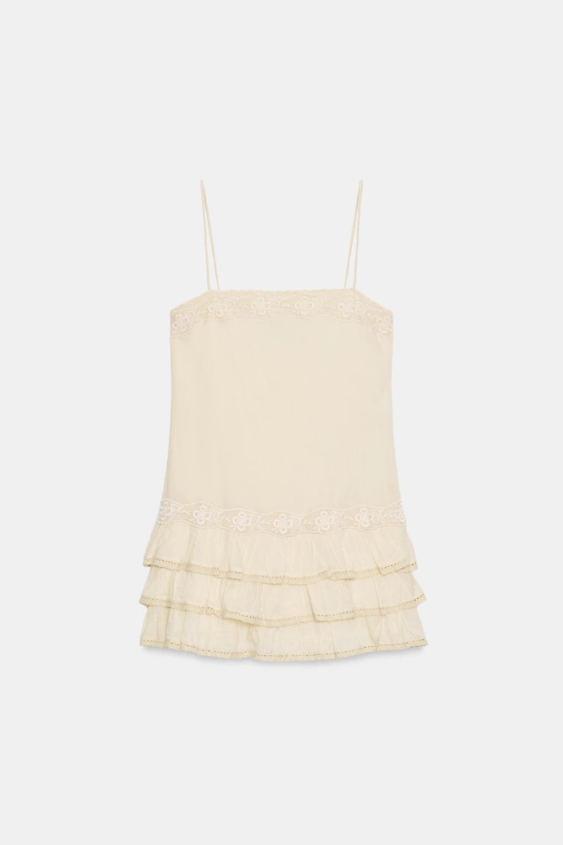 EMBROIDERED RUFFLED MINI DRESS