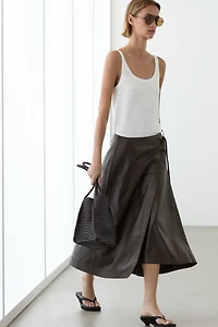 Nappa leather midi skirt with tie detail
