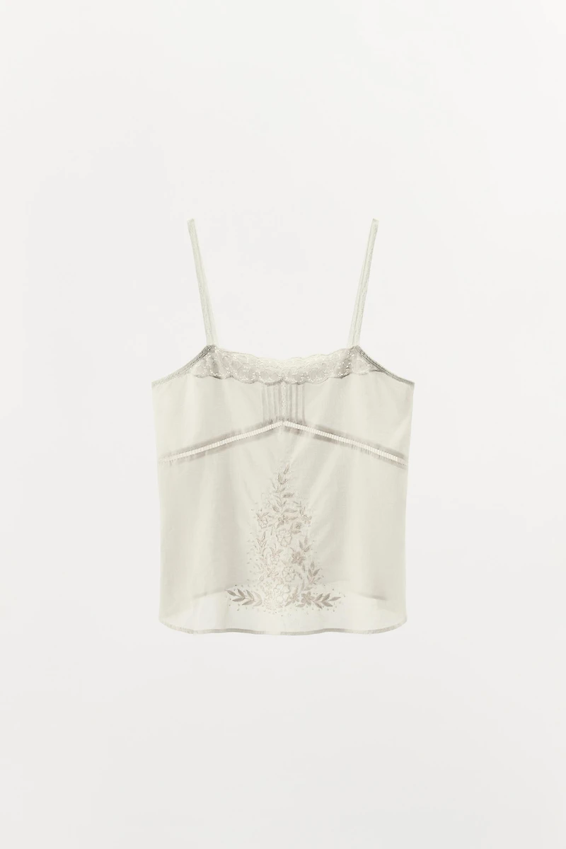 EMBROIDERED BEADED STRAPPY TOP