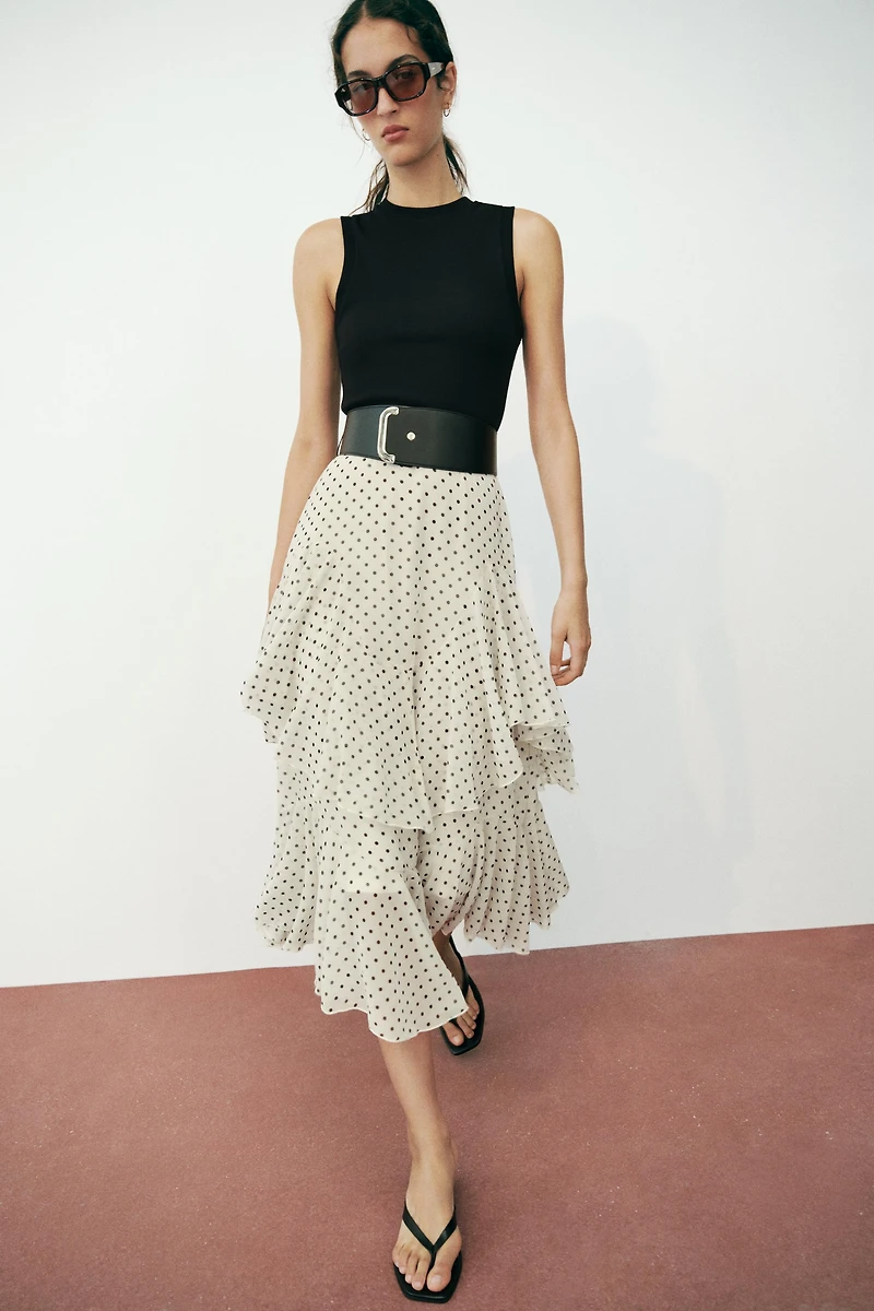 COMBINATION POLKA DOT RUFFLED BELTED DRESS