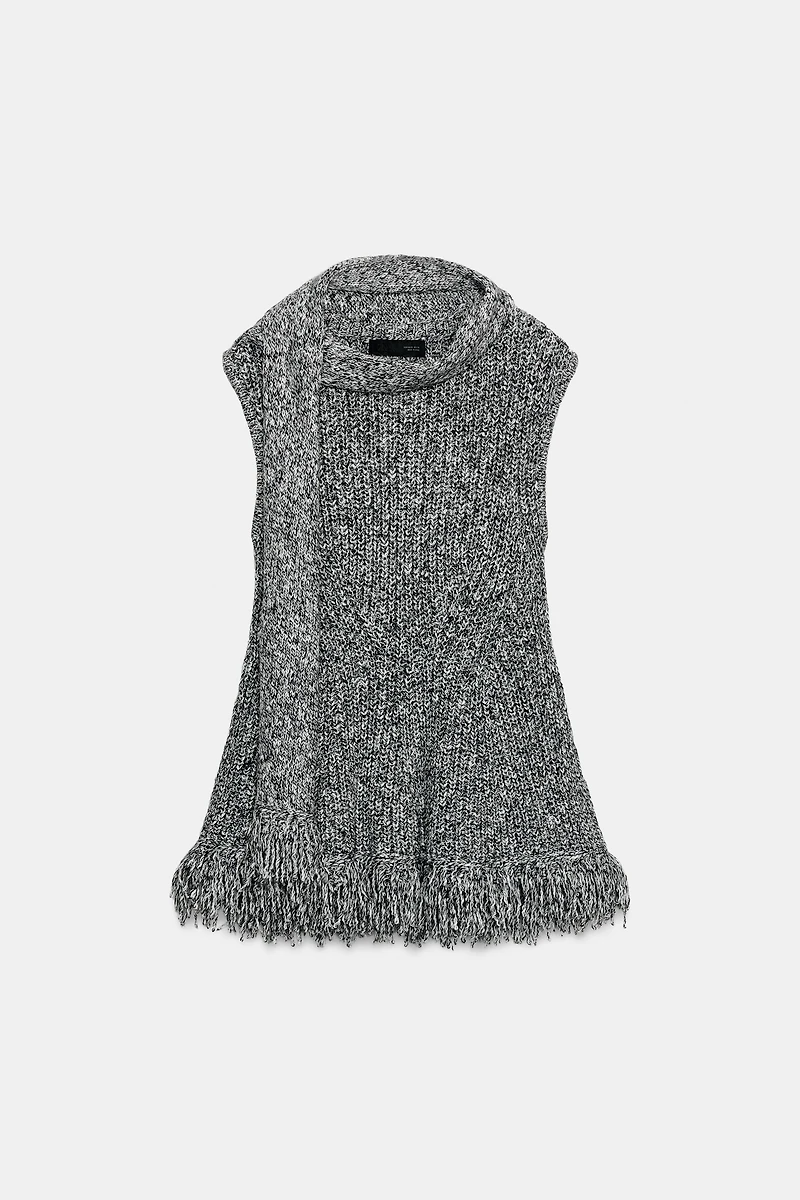 KNIT TOP WITH SCARF AND FRAYED HEM