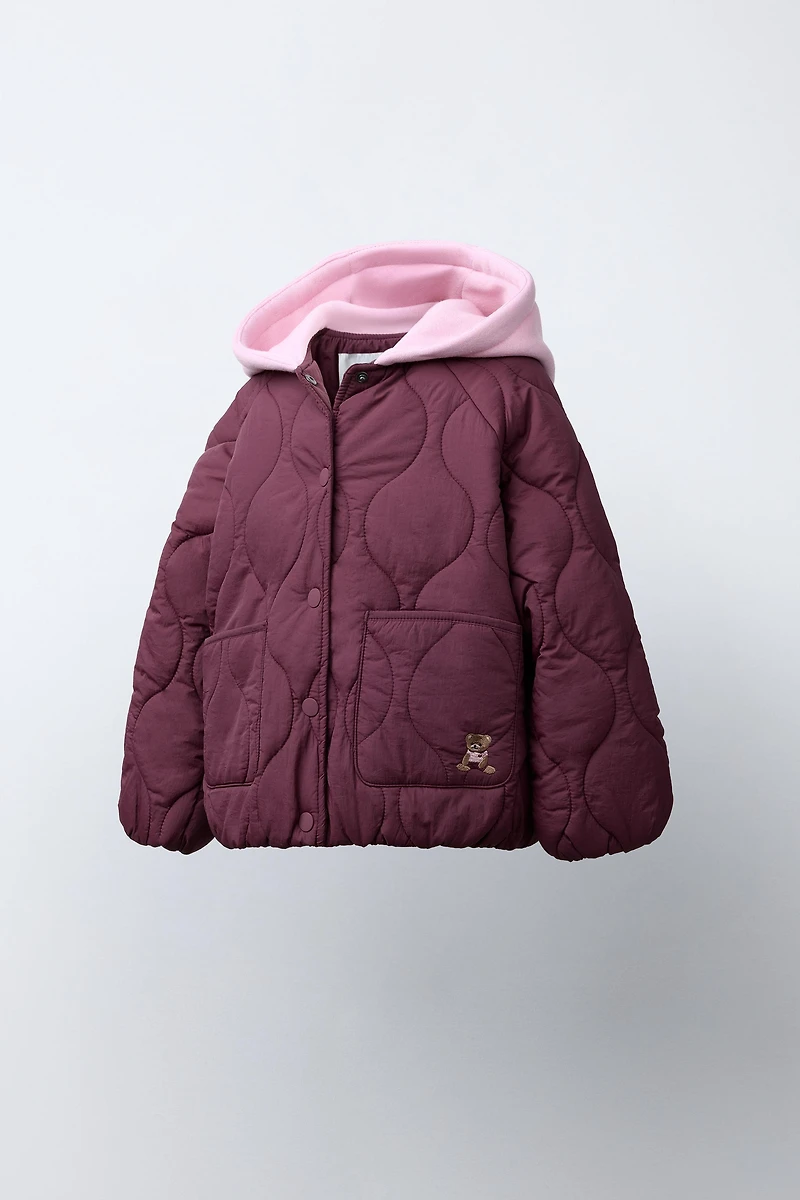 EMBROIDERED BEAR HOODED PUFFER JACKET