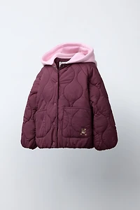 EMBROIDERED BEAR HOODED PUFFER JACKET