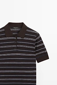 Cotton blend striped open-knit polo shirt