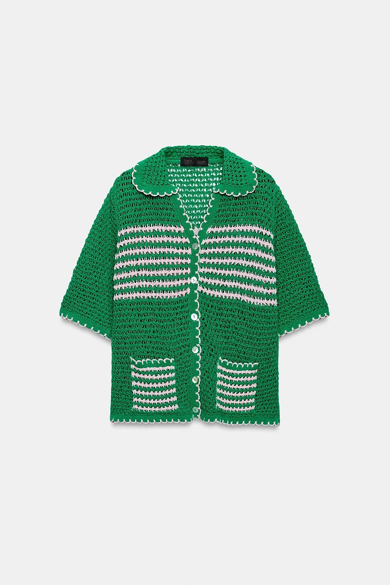 STRIPED OPEN KNIT POLO JACKET