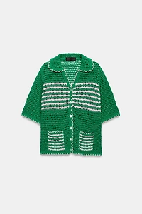 STRIPED OPEN KNIT POLO JACKET