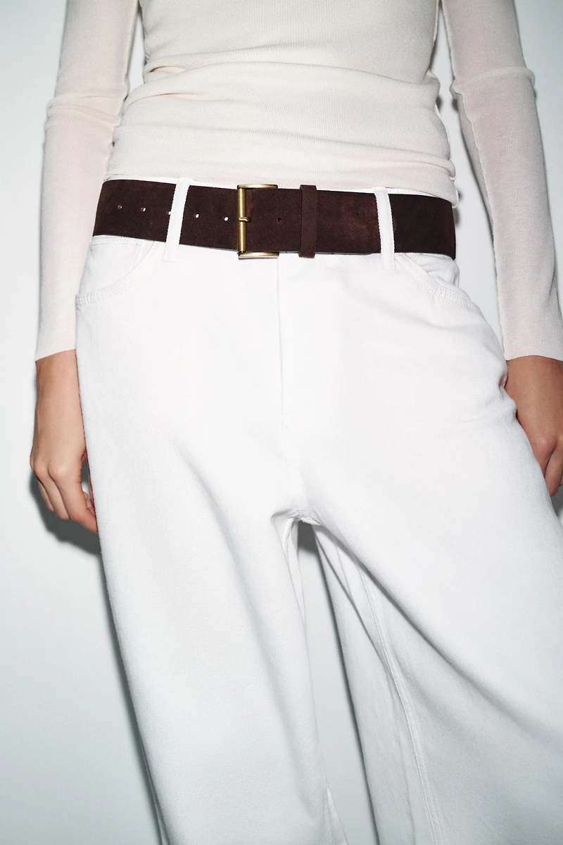 100% SUEDE LEATHER BELT WITH RECTANGULAR BUCKLE