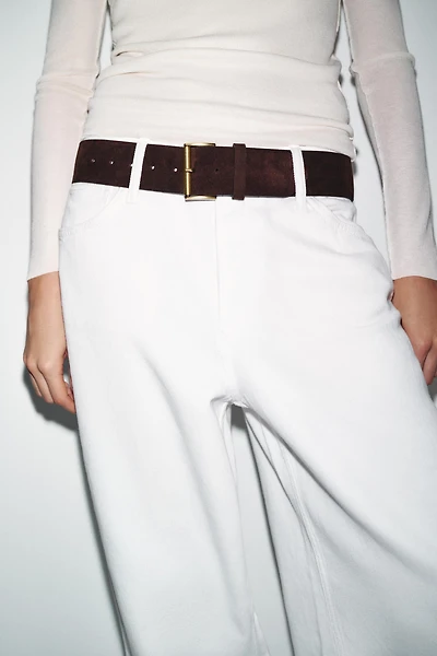 100% SUEDE LEATHER BELT WITH RECTANGULAR BUCKLE