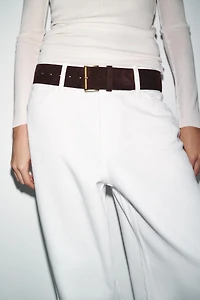 100% SUEDE LEATHER BELT WITH RECTANGULAR BUCKLE