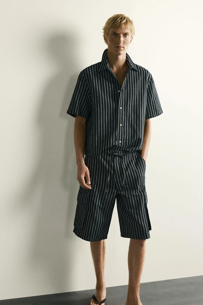 STRIPED COTTON-LINEN DENIM CARGO SHORTS