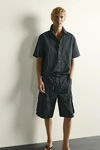 STRIPED COTTON-LINEN DENIM CARGO SHORTS