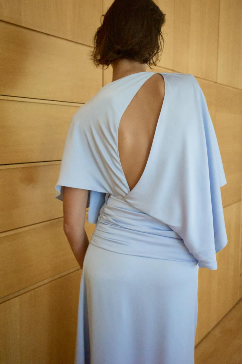 ASYMMETRIC CAPE SATIN EFFECT DRESS