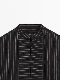 Striped shirt with stand collar and bib detail