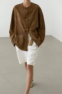 Suede leather stand collar jacket