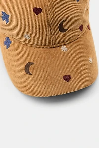 CORDUROY CAP WITH BIRDS AND MOONS EMBROIDERY