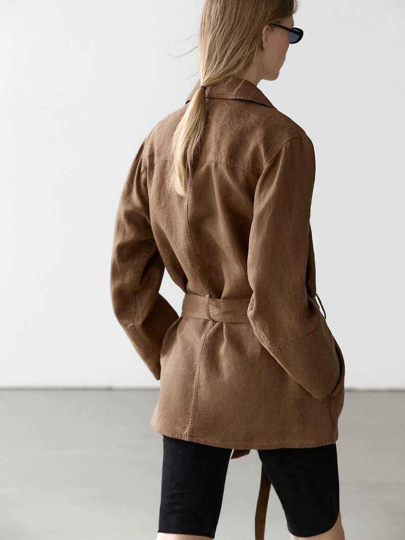 100% linen blazer with pockets and belt detail
